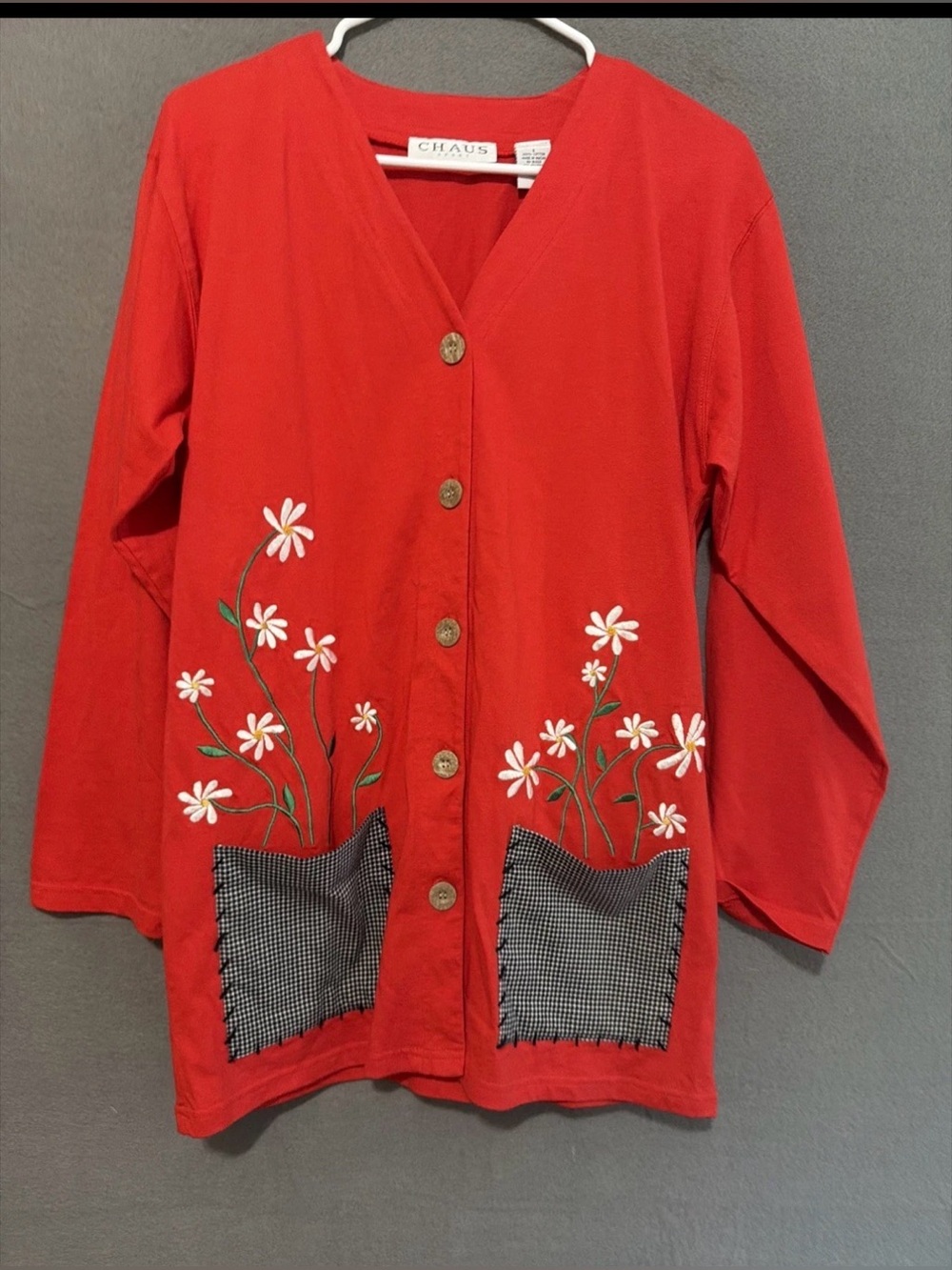 VTG 90s Chaus Red Embroidered Daisy Cardigan Jacket Gingham Pockets